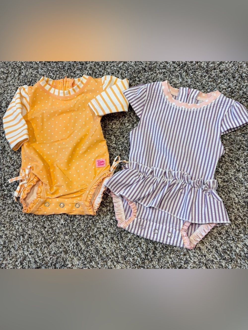 Baby Girl Two-Piece Bathing Suit set- Orange Polka Dot & Purple Stripe
